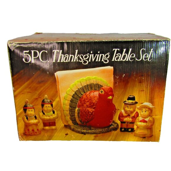 Vintage Thanksgiving Table Set Salt & Pepper Pilgrims Native American Turkey - Picture 8 of 10